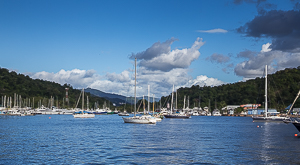 The east end of Chaguaramas Bay. The Customs Dock is in the center with the red and white striped light.